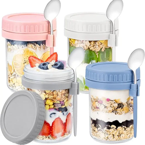 4-Piece Overnight Oat Cups with Spoons, Wide Mouth Mason Jars for Overnight Oats, Easy Filling, Ideal for Fruit, Oats, Yogurt, Milk, Lids Included